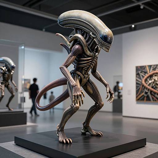 Photograph of a detailed, metallic, alien sculpture resembling H.R. Giger's Xenomorph, displayed in a modern art gallery with blurred visitors