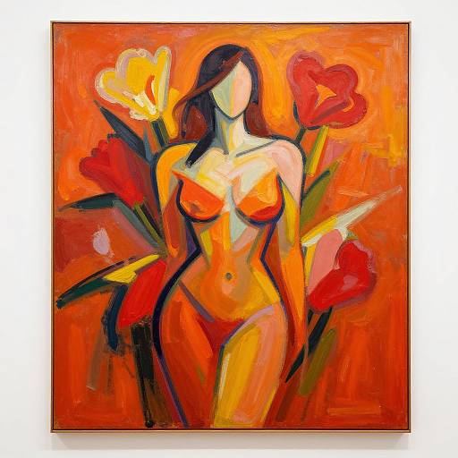 Vibrant abstract painting of a nude woman with orange-red bikini, surrounded by large red and yellow flowers, against an orange background.