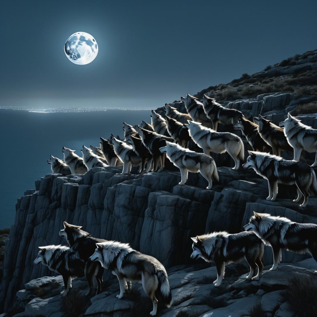 Wolves Howling Under Moonlit Cliff