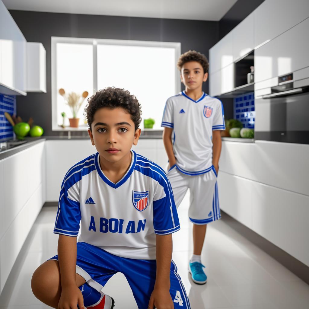 Young Soccer Friends in Modern Kitchen