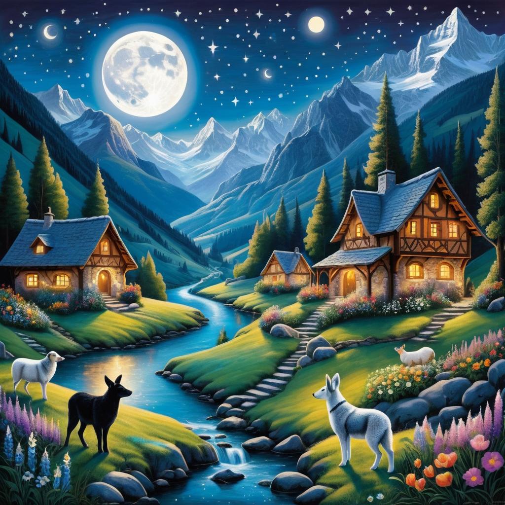 Mystical Alpine Village Under Moonlight