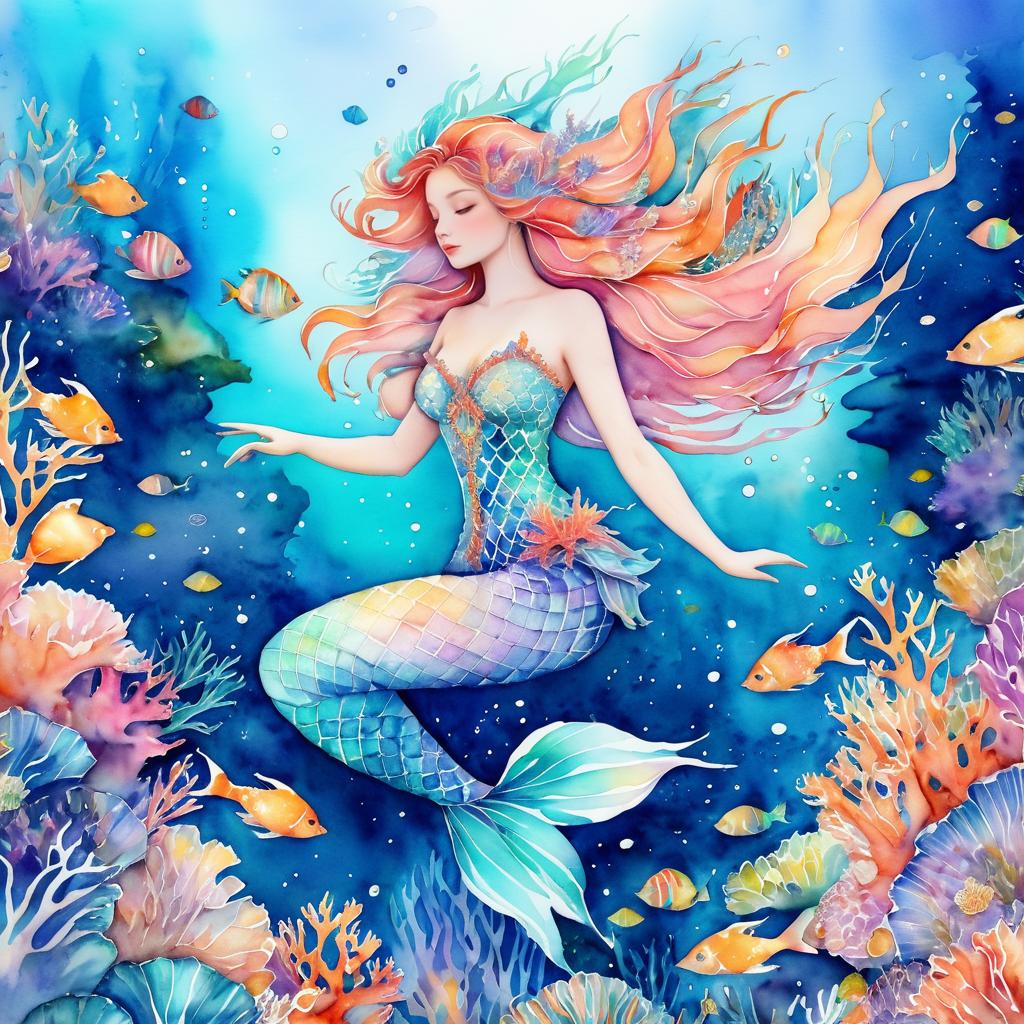 Dreamy Watercolor Mermaid in Coral Reef