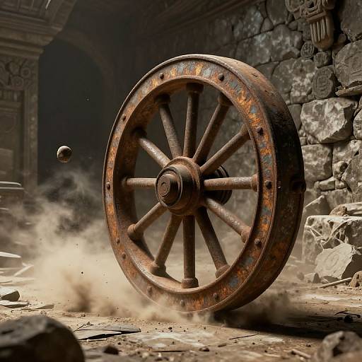 Photograph of a rusty, weathered wooden wagon wheel spinning, kicking up dust in a dark, stone-walled, abandoned cellar.
