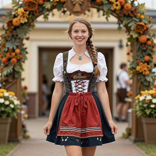 Photograph of a smiling young woman with a braid, wearing a traditional German dirndl dress, standing in front of a colorful flower archway.