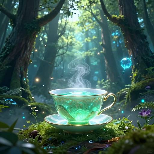 Enchanted forest scene with glowing, steaming green teacup on mossy ground, surrounded by ethereal blue orbs and luminescent flowers