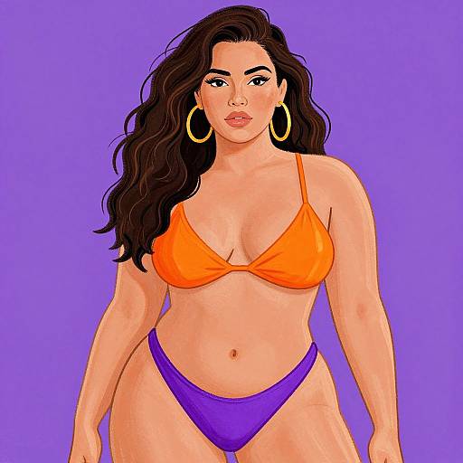 Digital illustration of a curvy woman with long black hair, wearing an orange bikini top and purple bottoms, large gold hoop earrings, against a solid purple