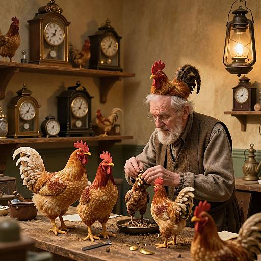 Photograph: Elderly bearded man with white hair, brown vest, and glasses, feeds gold coins to chickens on wooden table in rustic, warmly