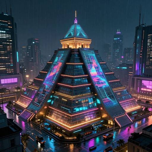 Neon-lit, pyramid-shaped skyscraper in a rainy, futuristic cityscape at night, with vibrant blue, pink, and purple lights illuminating