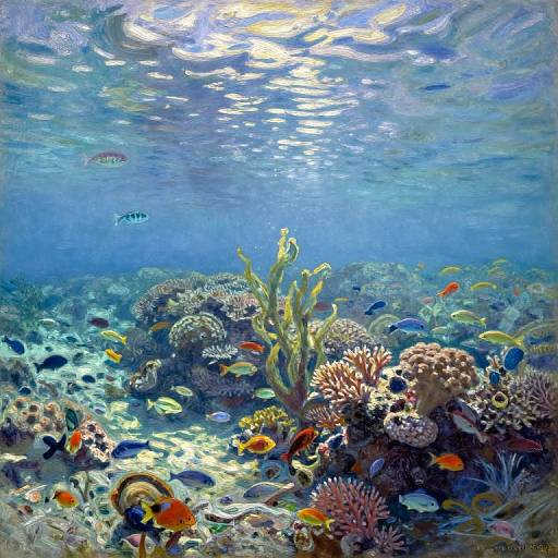 Vibrant underwater scene: colorful fish swim around coral reefs and sea plants, illuminated by sunlight filtering through the blue, rippling water. Digital painting