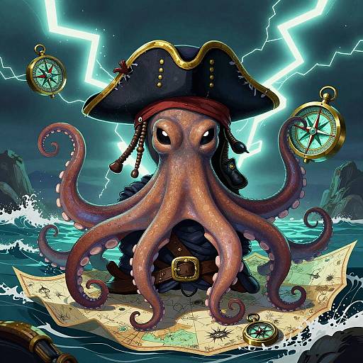 Octopus Pirate Captain in Bioluminescent Tempest