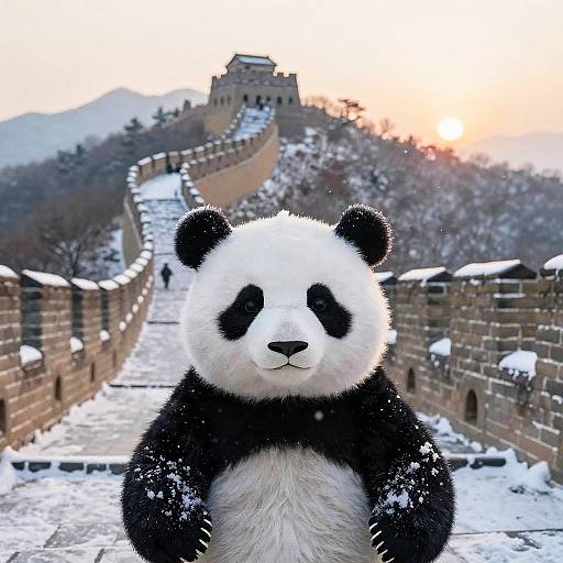 Photograph of a realistic panda costume standing on a snow-covered Great Wall at sunset, with mountains and a distant tower in the background.