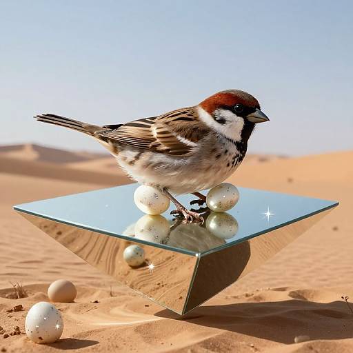 Photograph of a red-backed sparrow perched on a mirrored, geometric pedestal with white eggs in a desert setting.