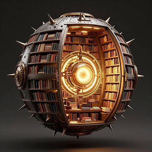 CGI image of a spherical, spiked, futuristic library orb with glowing, circular book-filled core against a dark background.