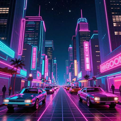 Neon-lit, retro-futuristic city street at night, vibrant pink, blue, and purple neon signs, classic cars, tall skyscrap