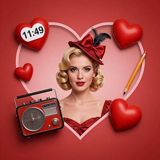Vintage-style photograph of a blonde woman with red lips, wearing a red hat with a black feather, red dress, surrounded by red hearts, a red