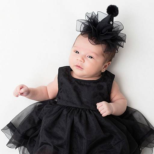 Photograph of a baby with fair skin, wearing a black sleeveless dress and a black tulle headpiece with a pom-pom, lying against