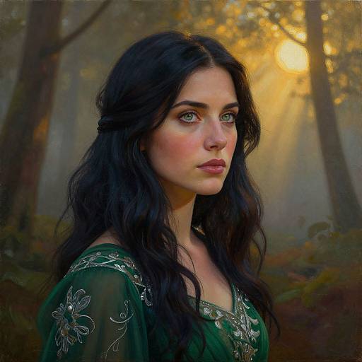 Digital painting of a beautiful young woman with long, wavy black hair, green eyes, and fair skin, wearing an intricately embroidered dark green dress