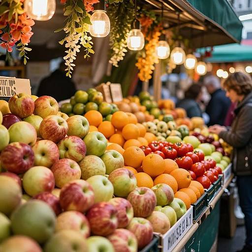 Photograph of a colorful fruit market stall with hanging lights, apples, oranges, and tomatoes, with blurred shoppers in the background.