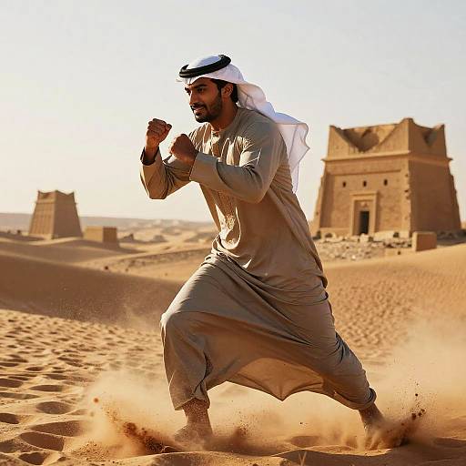 Photograph of a bearded man in traditional Middle Eastern attire, white keffiyeh, gray dishdasha, running in a desert with ancient
