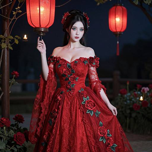 Photograph of a pale-skinned woman with black hair in a red, lace, off-shoulder dress adorned with roses, holding a red lantern