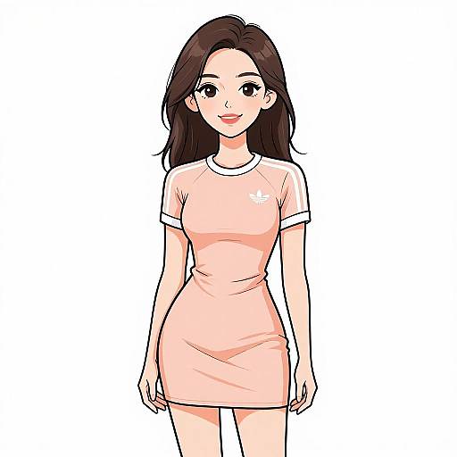 Digital anime-style illustration of a smiling young woman with long dark brown hair, wearing a short, form-fitting pink dress with white trim. White background