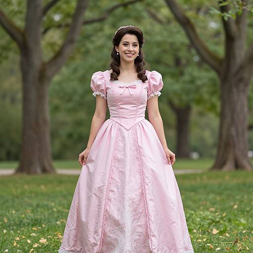 Photograph of a smiling woman with dark hair in a pink, puffed-sleeve, satin ball gown standing in a lush, green park with
