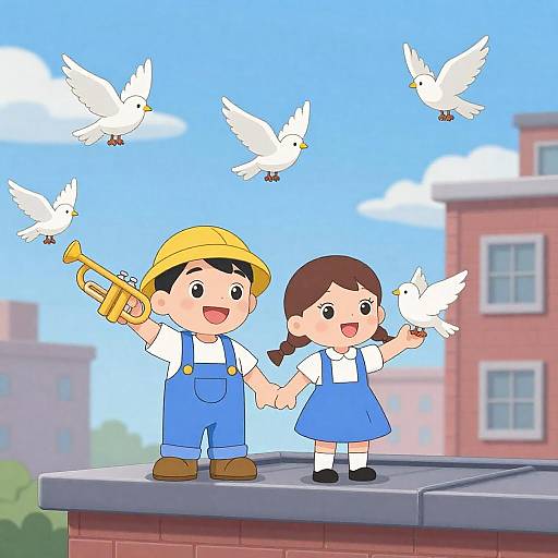 Playful Rooftop Scene with Birds