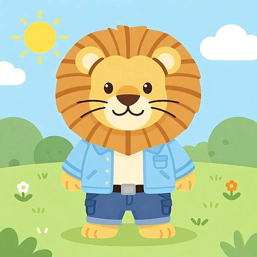Cartoon lion with orange mane, blue shirt, and blue shorts stands in sunny grassy field with flowers and clouds.