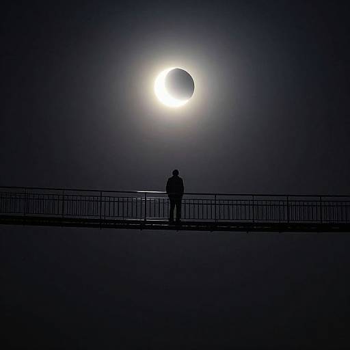 Silhouetted person standing by a railing, gazing at a bright, glowing moon partially hidden in a dark, foggy night sky.