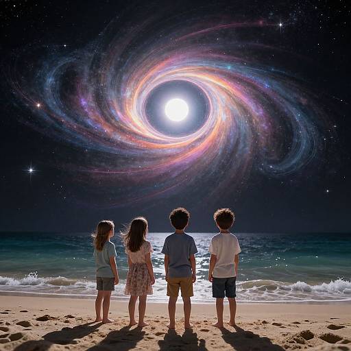Three children stand on a beach, gazing at a radiant, colorful galaxy with a bright sun at its center, reflecting on the ocean waves. Digital
