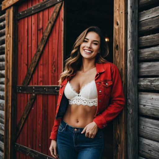 Confident Woman in Red Denim Jacket by Barn Door