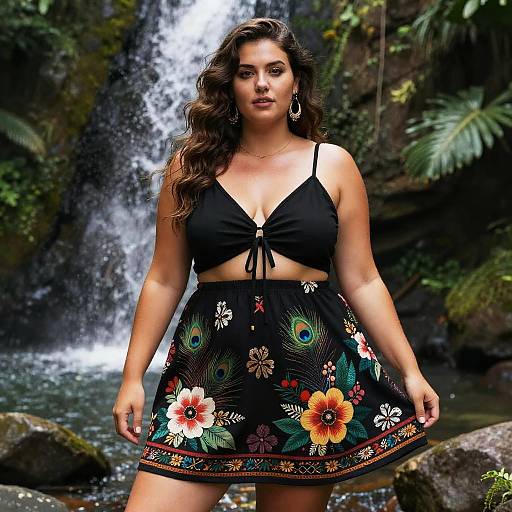Photograph of a curvy woman with long brown hair, wearing a black crop top and floral skirt, standing in front of a waterfall in a lush