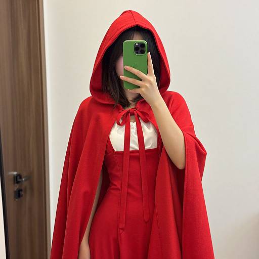 Photograph of an Asian woman in a red hooded cape and dress, taking a mirror selfie with a green phone, hiding her face. Wooden door