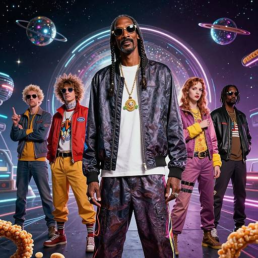 Photograph of a hip-hop group in a neon-lit, space-themed backdrop. Central figure: tall, black man in black jacket and sunglasses,