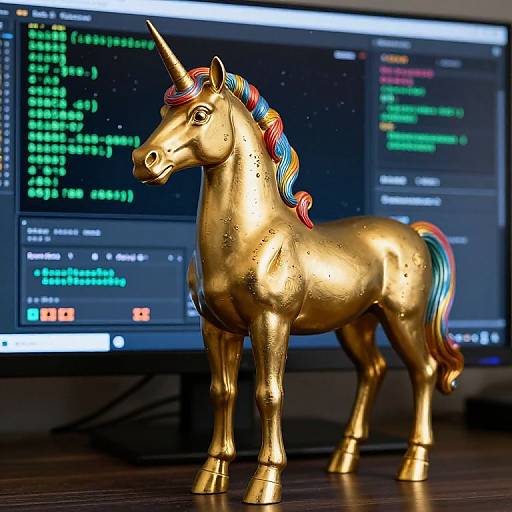 Photograph of a shiny, gold unicorn figurine with a multicolored mane and tail, standing on a wooden surface in front of a computer screen