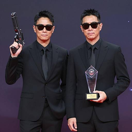 Two Men in Black Suits Holding Gun and Trophy