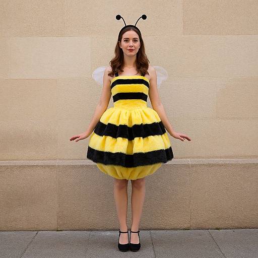 Photograph of a young woman in a yellow and black striped bee costume with antennae headband, white wings, and black heels, standing against a