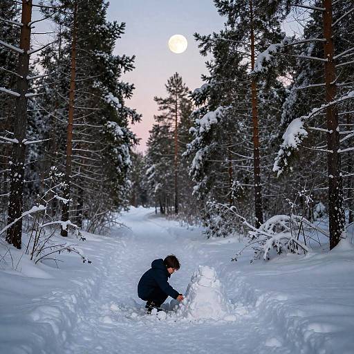 Snowy Forest Trail with Child and Moon