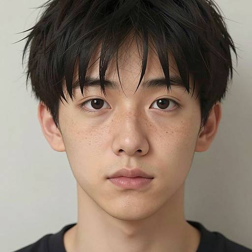 Photograph of a young Asian man with short, messy black hair, fair skin, freckles, and neutral expression, wearing a black shirt against