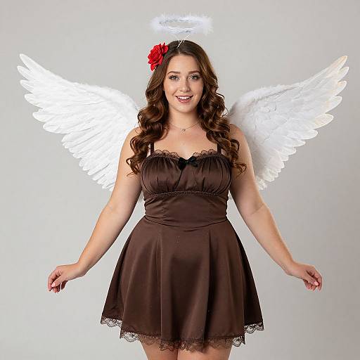 Photograph of a smiling brunette woman with curly hair, wearing a brown satin dress and angel wings, red flower in hair, against a plain white background