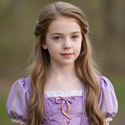 Photograph of a young girl with long, wavy brown hair, wearing a purple medieval-style dress with white lace trim, standing in a blurred outdoor