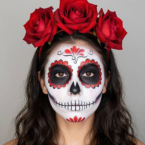 Photograph of a woman with white face paint, black eye sockets, red floral designs, black nose, and mouth, adorned with red roses in her