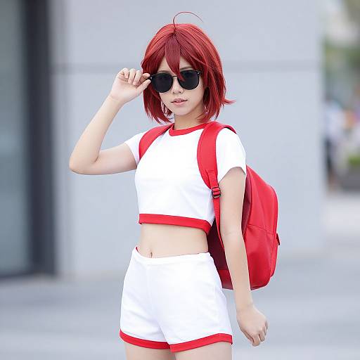 Digital art of a red-haired woman in white and red crop top and shorts, black sunglasses, red backpack, adjusting glasses, urban background.