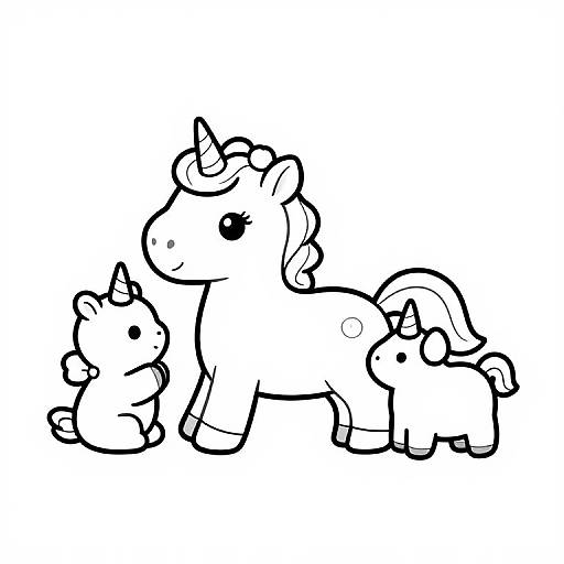 Black and white line drawing of three cute, simplified unicorns with small horns, one standing and two sitting, all with large, round eyes and curly