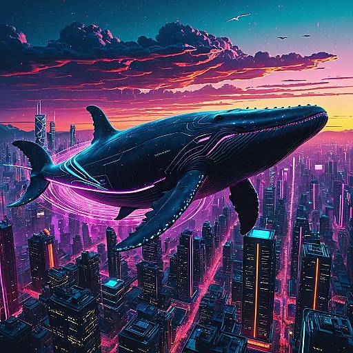 Cybernetic Whale Flying Over Neon Cityscape