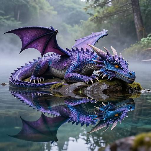Photorealistic digital artwork of a blue-purple dragon with sharp horns and wings, lying on a mossy rock in a serene, misty forest pond