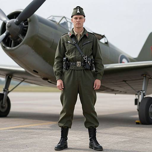 Photograph of a serious, white male air force pilot in green flight suit and cap, standing in front of a vintage military aircraft on a tarmac