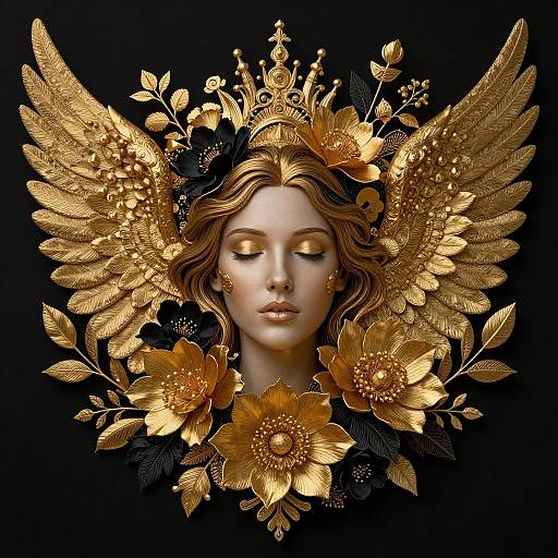 Digital artwork of a serene, golden-winged woman with closed eyes, surrounded by intricate, golden flowers and leaves on a black background.