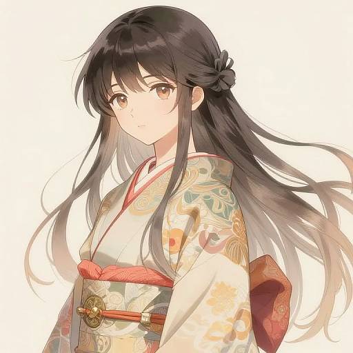 Digital anime-style drawing of a young woman with long black hair, wearing a floral-patterned kimono with a red obi, looking softly forward.