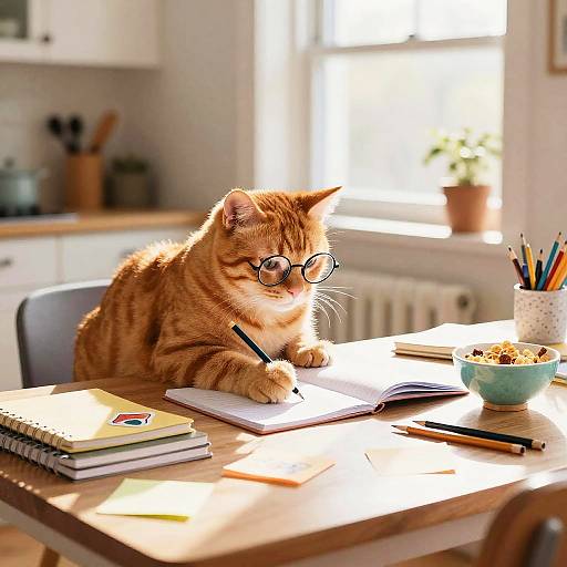 Ginger Tabby Cat Studying in Sunlit Kitchen